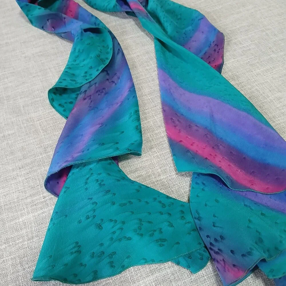 Kriska Swirl Scarf Hand Painted 100% Silk Teal Pink Purple and Blue - Picture 2 of 9